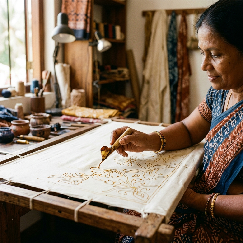 Artisan hand-waxing fabric patterns